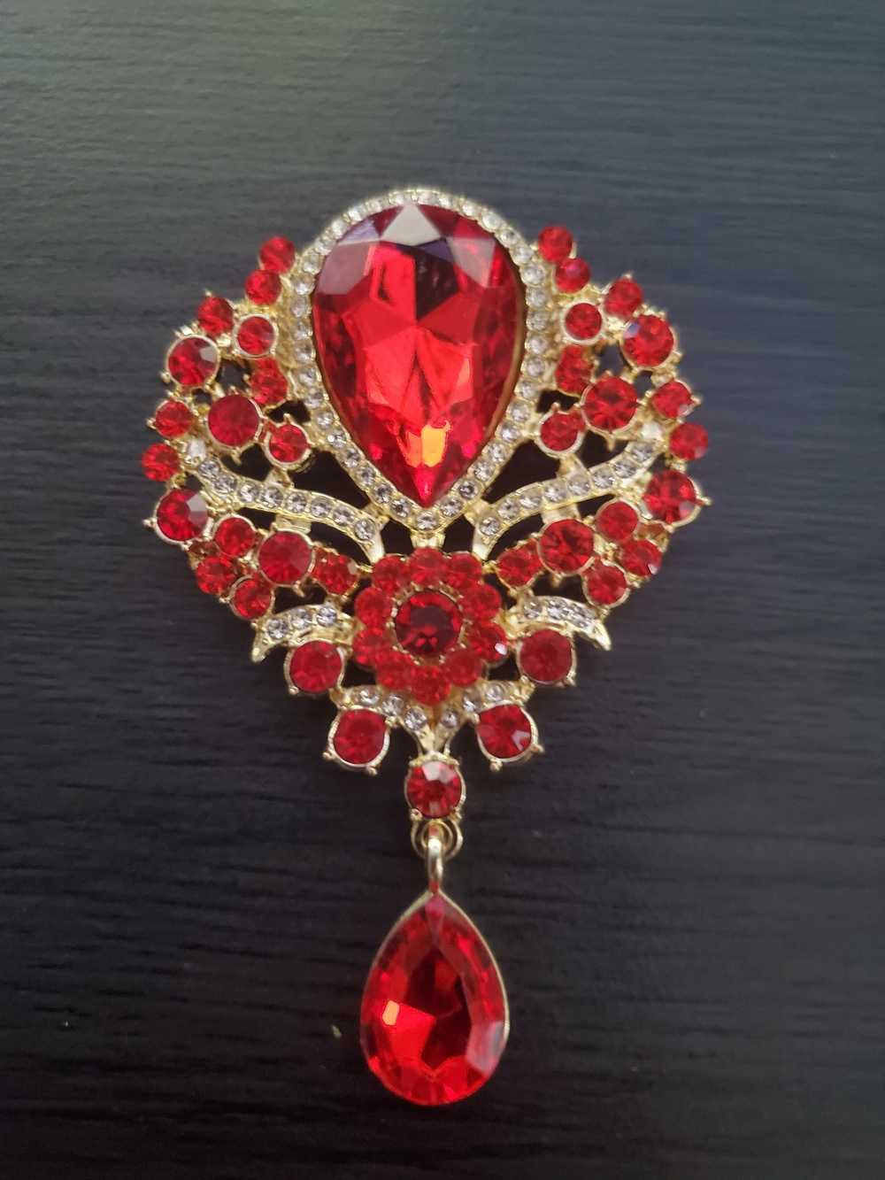 Gold-Tone Red Crystal Teardrop Floral Brooch